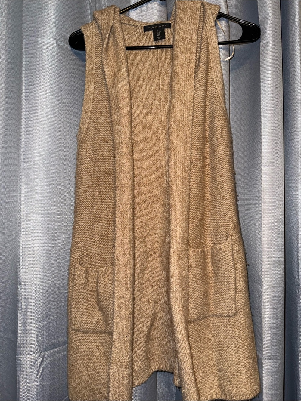 Tahari Long Sleeve Hooded Knit Vest in Tan